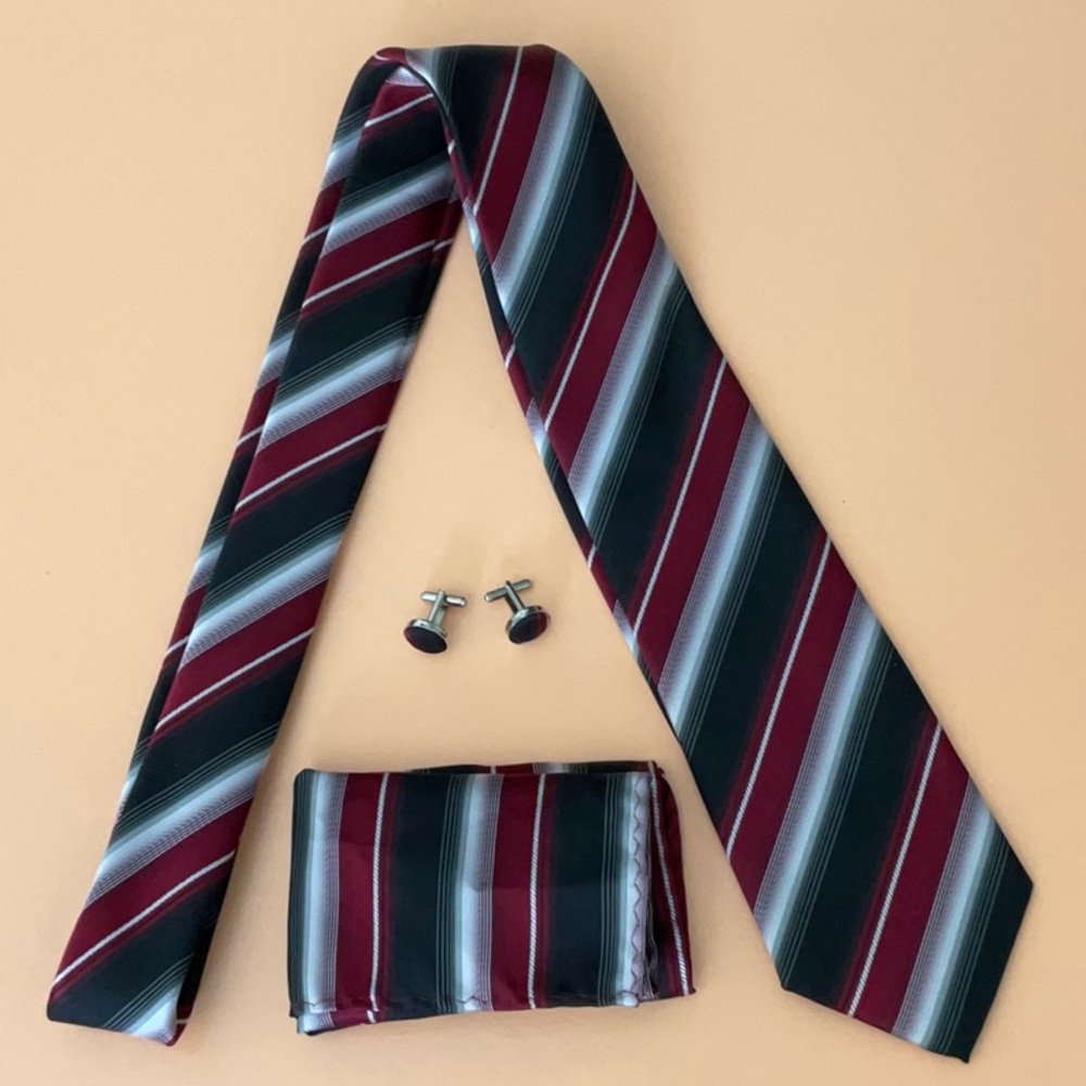Red and Black Striped Tie Set with Cufflinks. Hand Tailored 100% Silk
